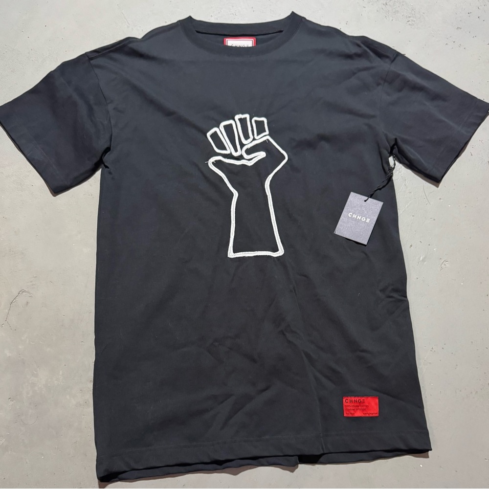CHNGE Black Tee with White Fist Design